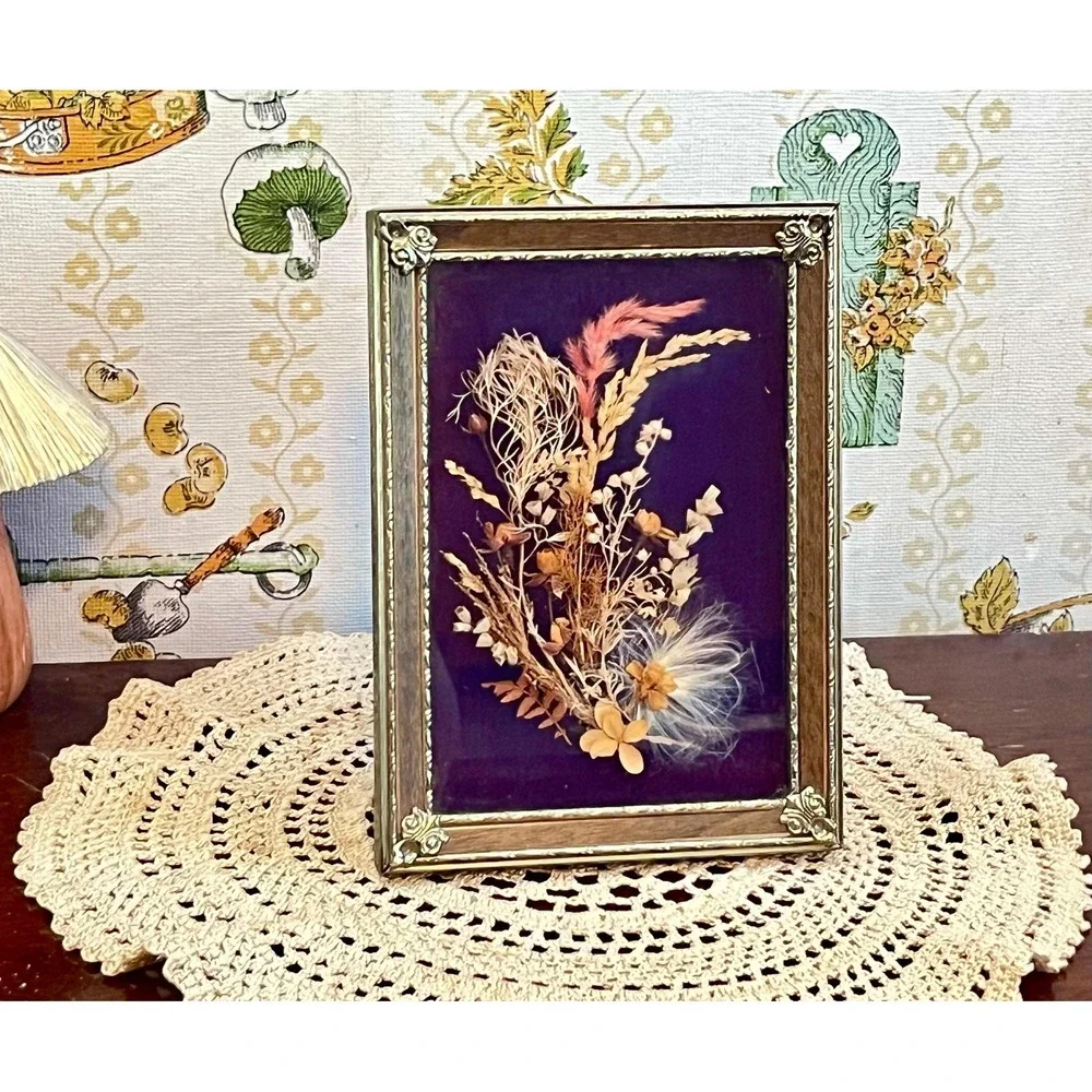 Vintage MCM Botanical Pressed Dried Flower Shadow Box Art Framed